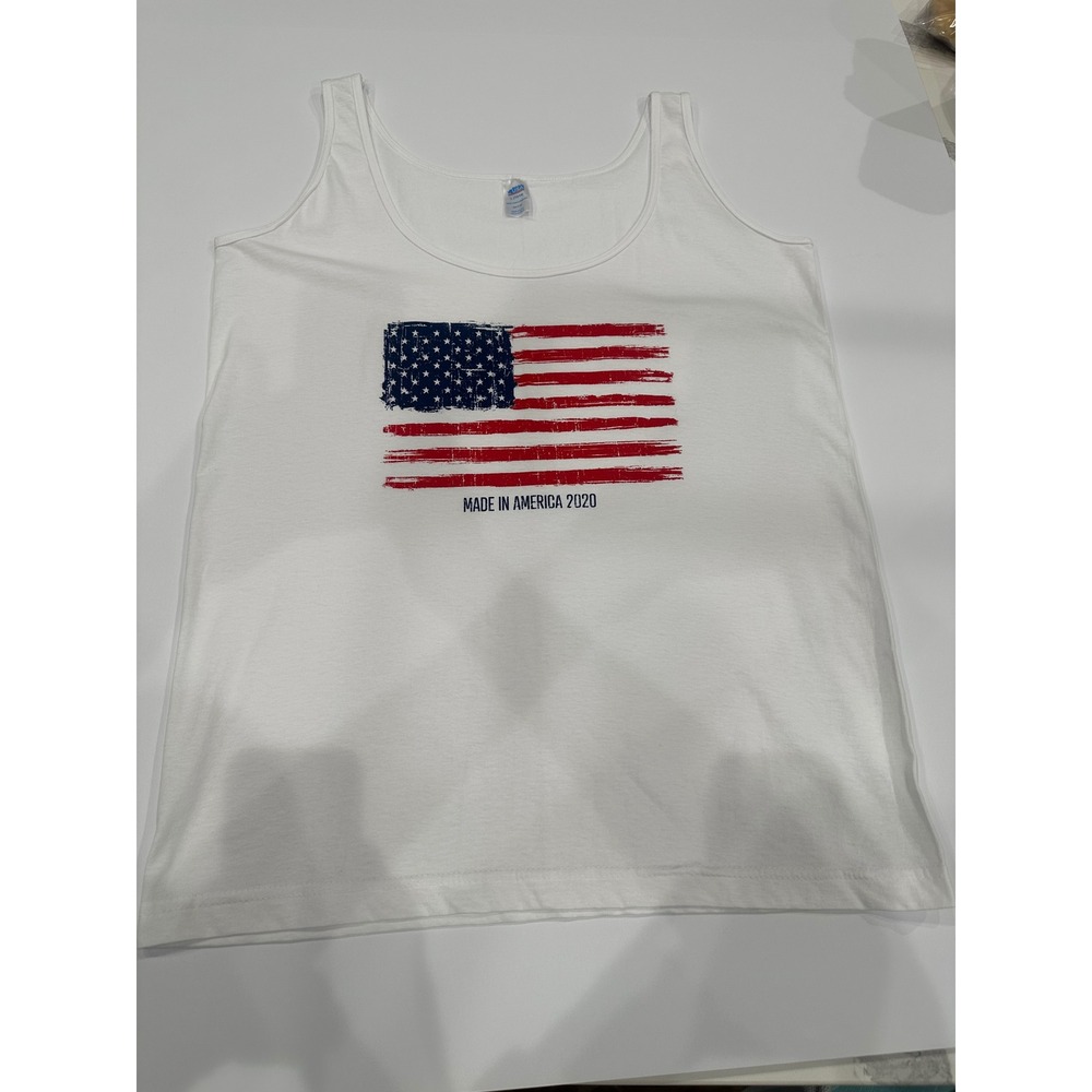 Bayside Made in USA American Flag Tank Top White Cotton Mens L Patriotic 2020